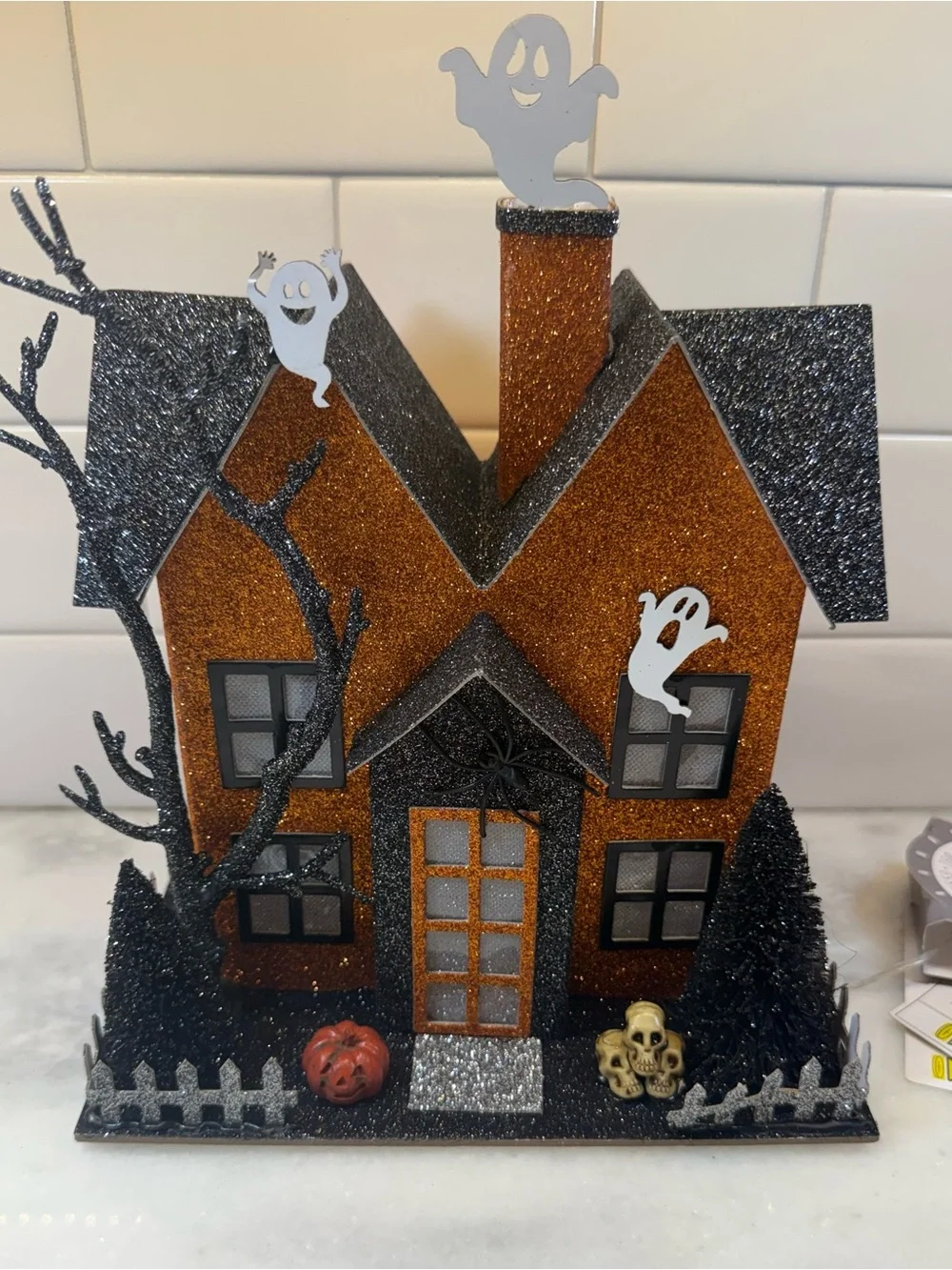 Bella Lux Halloween Putz Style Orange Glitter LED Halloween Ghost House NWT